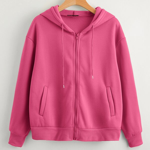 

Zip Up Slant Pocket Hooded Sweatshirt, Hot pink
