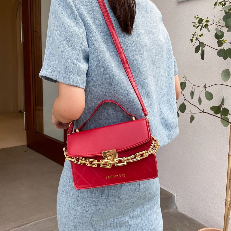 

Chain Decor Quilted Satchel Bag, Red