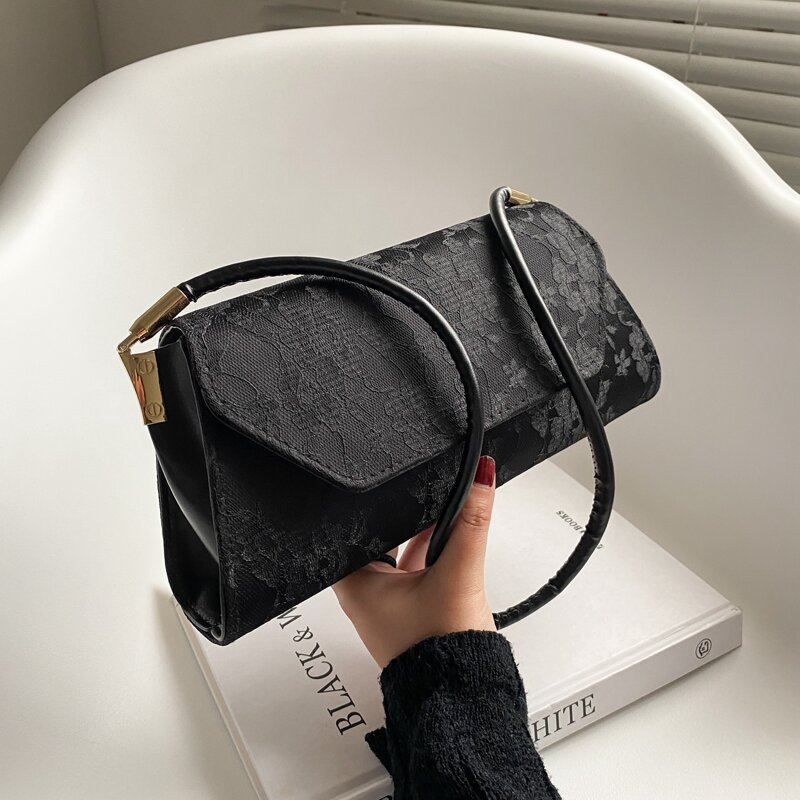 

Lace Panel Shoulder Bag, Black