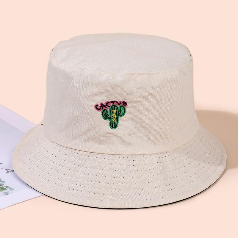 

Cactus Embroidery Reversible Bucket Hat, Beige