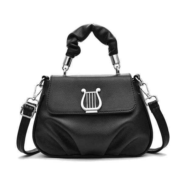 

Harp Decor Ruched Satchel Bag, Black