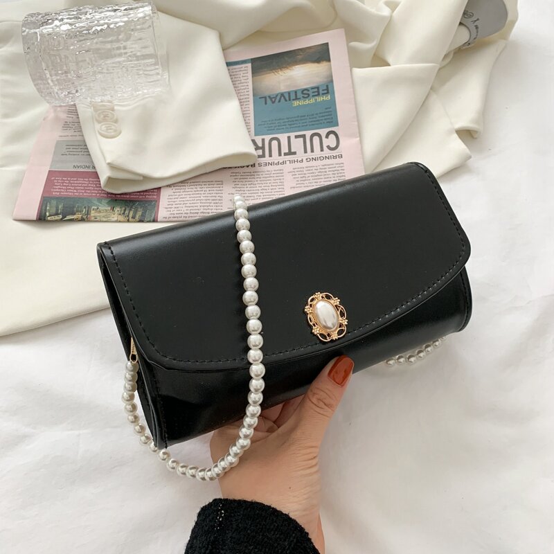 

Faux Pearl Strap Shoulder Bag, Black