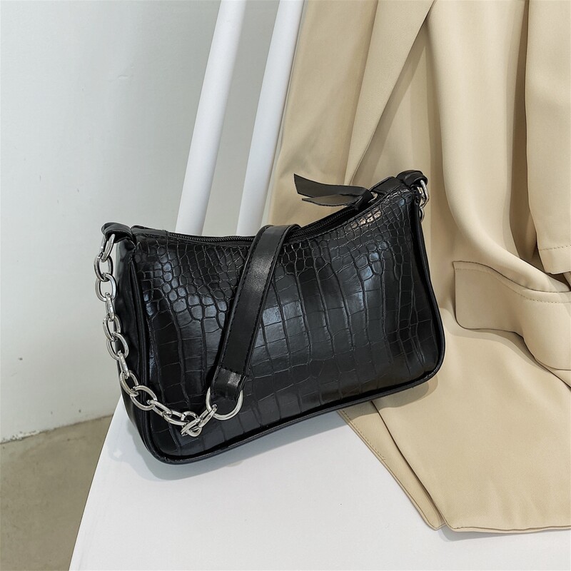 

Croc Embossed Baguette Bag, Black