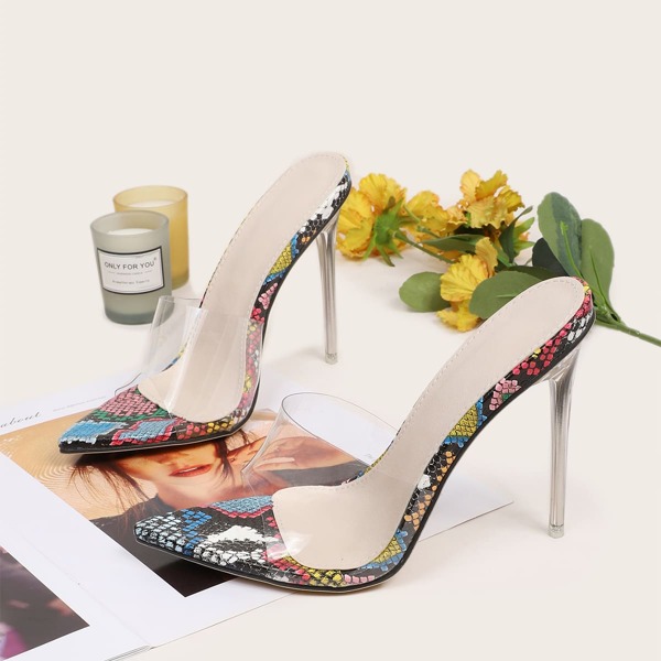 

Snakeskin Print Stiletto Heeled Sandal Mules, Clear