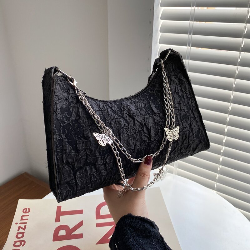 

Butterfly Decor Baguette Bag, Black