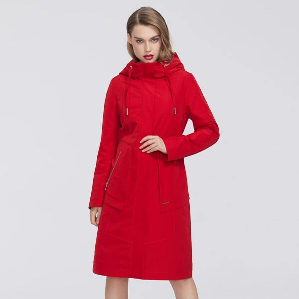 

Zipper Patch Pocket Drawstring Hooded Coat, Red
