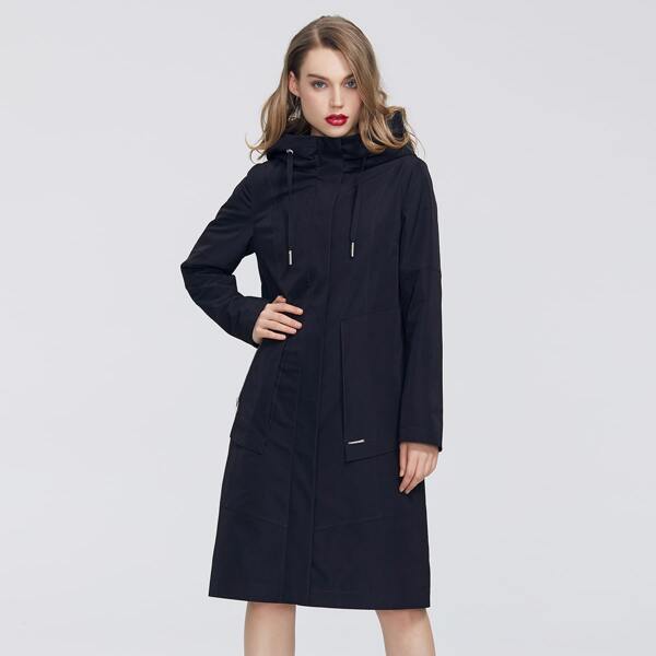 

Zipper Patch Pocket Drawstring Hooded Coat, Black
