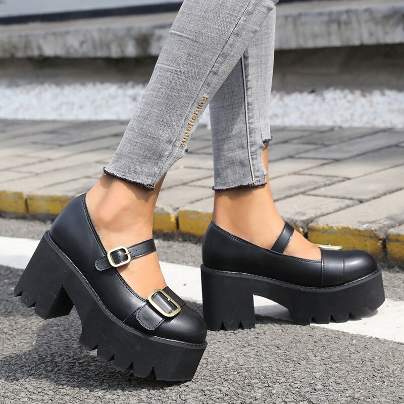 

Buckle Decor Platform Chunky Pumps, Black