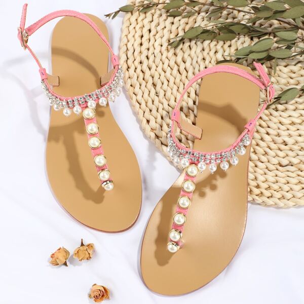 

Faux Pearl Decor Thong Sandals, Pink