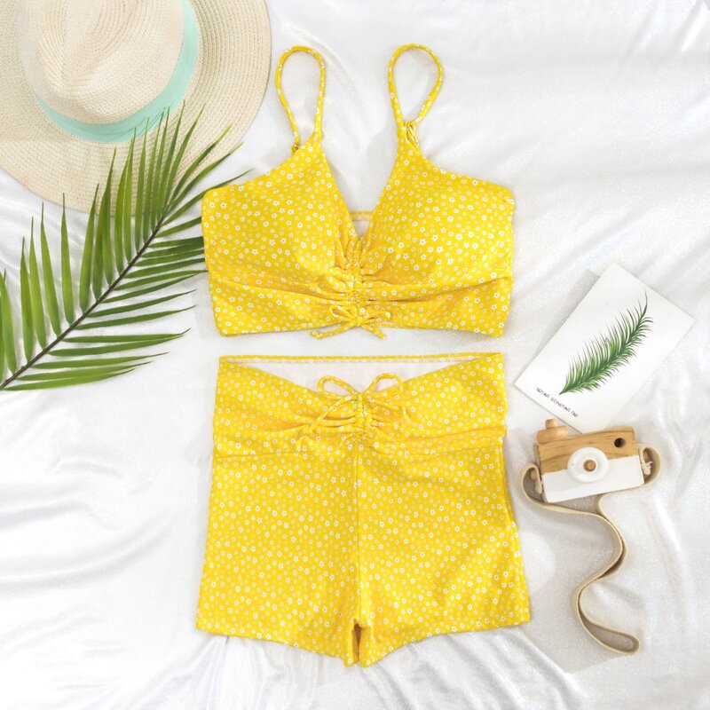 

Ditsy Floral Drawstring Front Bikini Swimsuit, Yellow