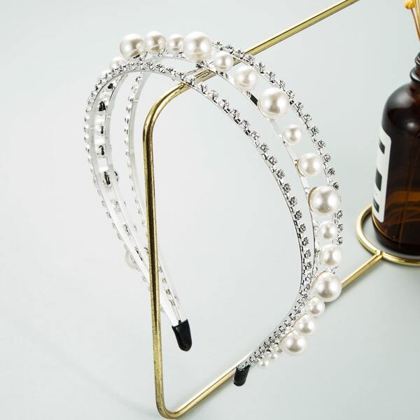 Rhinestone & Faux Pearl Decor Hair Hoop, Silver