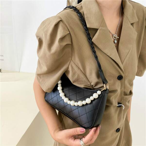 

Quilted Embossed Faux Pearls Decor Baguette Bag, Black