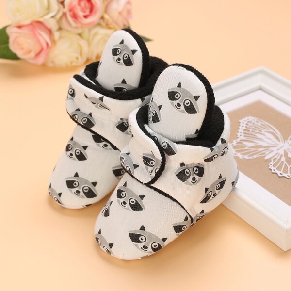 

Baby Cartoon Graphic Velcro Strap Boots, Black and white