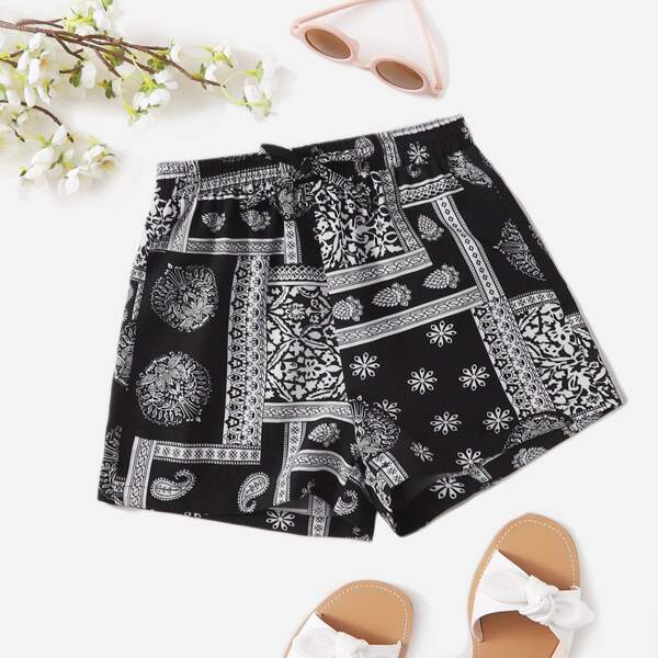 

Girls Scarf Print Shorts, Black