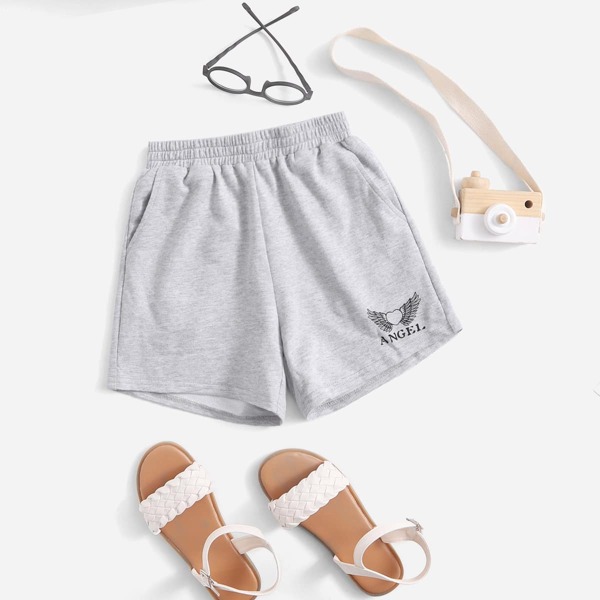 Girls Letter & Heart Graphic Shorts, Light grey
