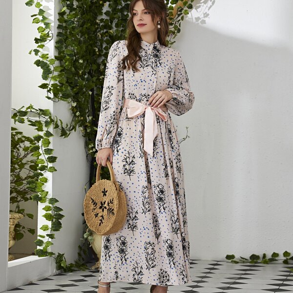 

Floral Print Half Button Bishop Sleeve Belted Dress, Dusty pink