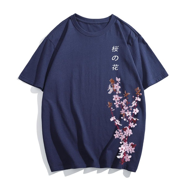 

Men Letter & Floral Print Tee, Royal blue