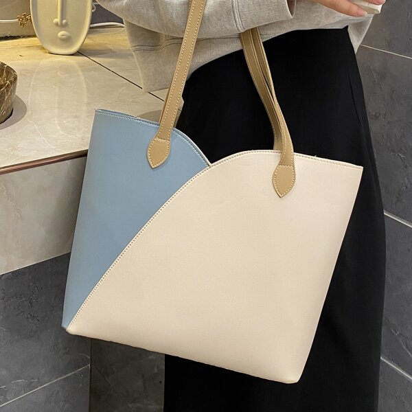 

Colorblock Pattern Tote Bag, Blue and white