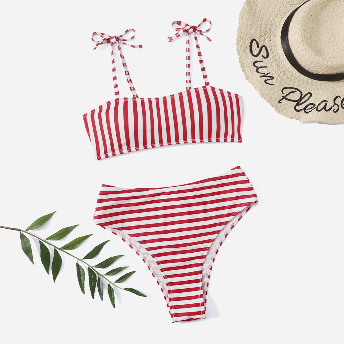 

Striped Tie Shoulder Bikini Swimsuit, Red