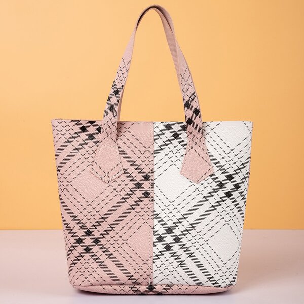 

Plaid Pattern Satchel Bag, Pink
