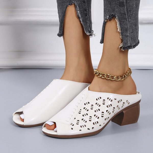 

Peep Toe Hollow Out Chunky Heeled Mules, Beige