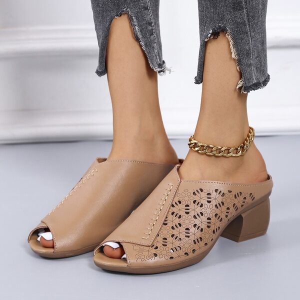 

Peep Toe Hollow Out Chunky Heeled Mules, Khaki