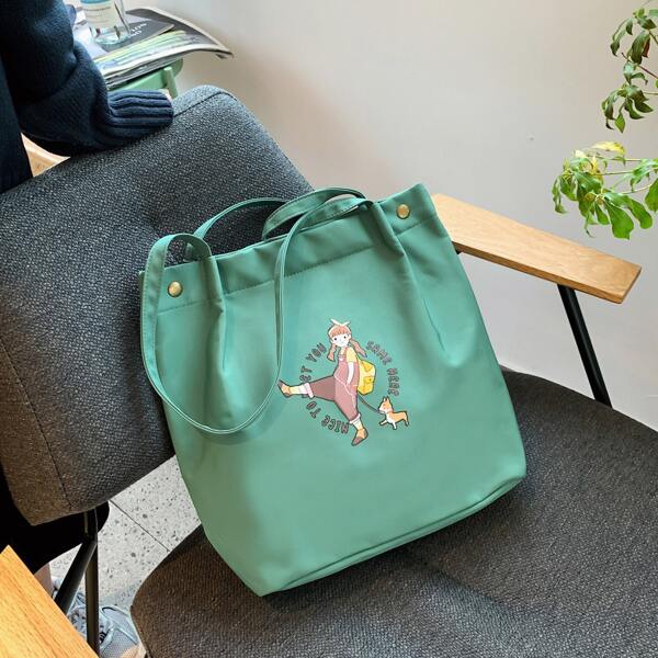 

Cartoon Graphic Tote Bag, Green