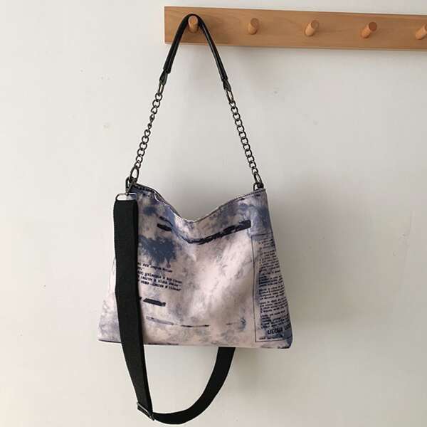 

Chain Decor Tie Dye & Letter Graphic Tote Bag, Multicolor