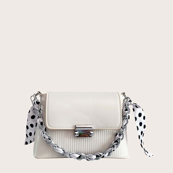 

Scarf & Chain Decor Textured Flap Square Bag, White