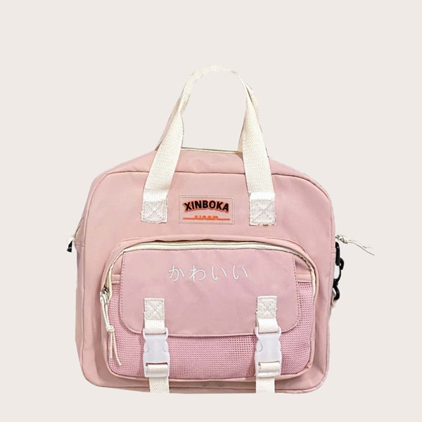 

Two Tone Japanese Letter Graphic Top Handle Bag, Pink