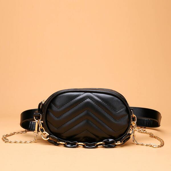 

Chevron Graphic Chain Decor Belt Bag, Black