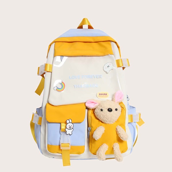 

Colorblock Pattern Rabbit Decor Backpack, Multicolor