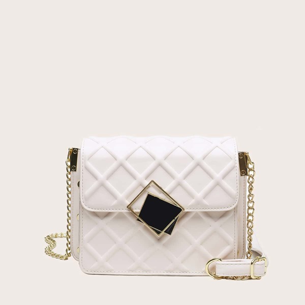 

Quilted Buckle Chain Shoulder Bag, White