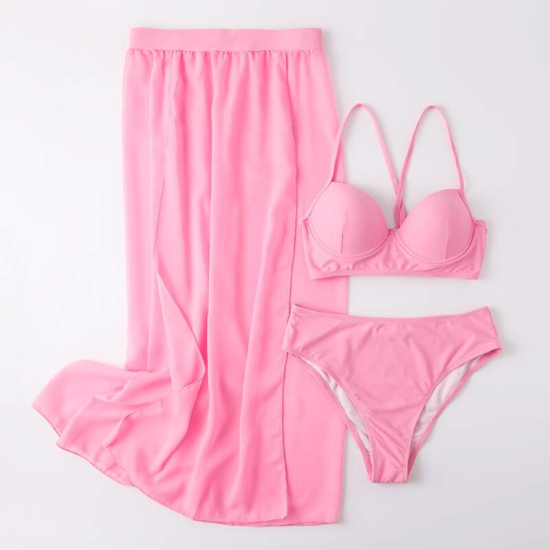 

3pack Underwire High Waisted Bikini Swimsuit & Beach Skirt, Pink