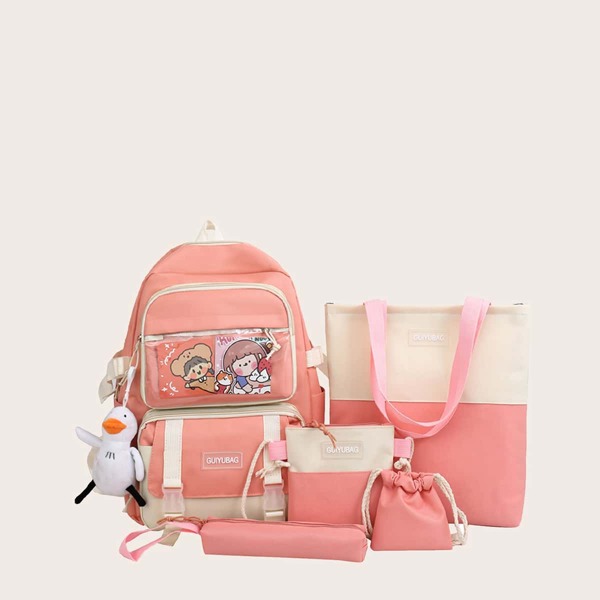 

5pcs Cartoon Graphic Backpack Set, Pink