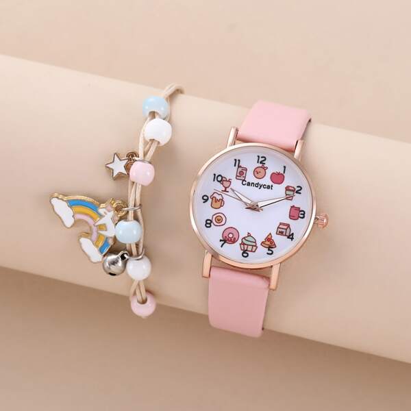 

1pc Kids Cartoon Food Dial Quartz Watch & 1pc Bracelet