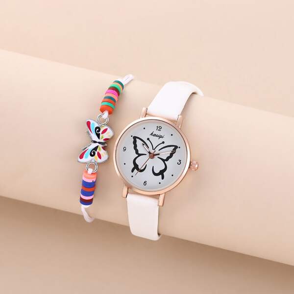 

1pc Kids Butterfly Dial Quartz Watch & 1pc Bracelet