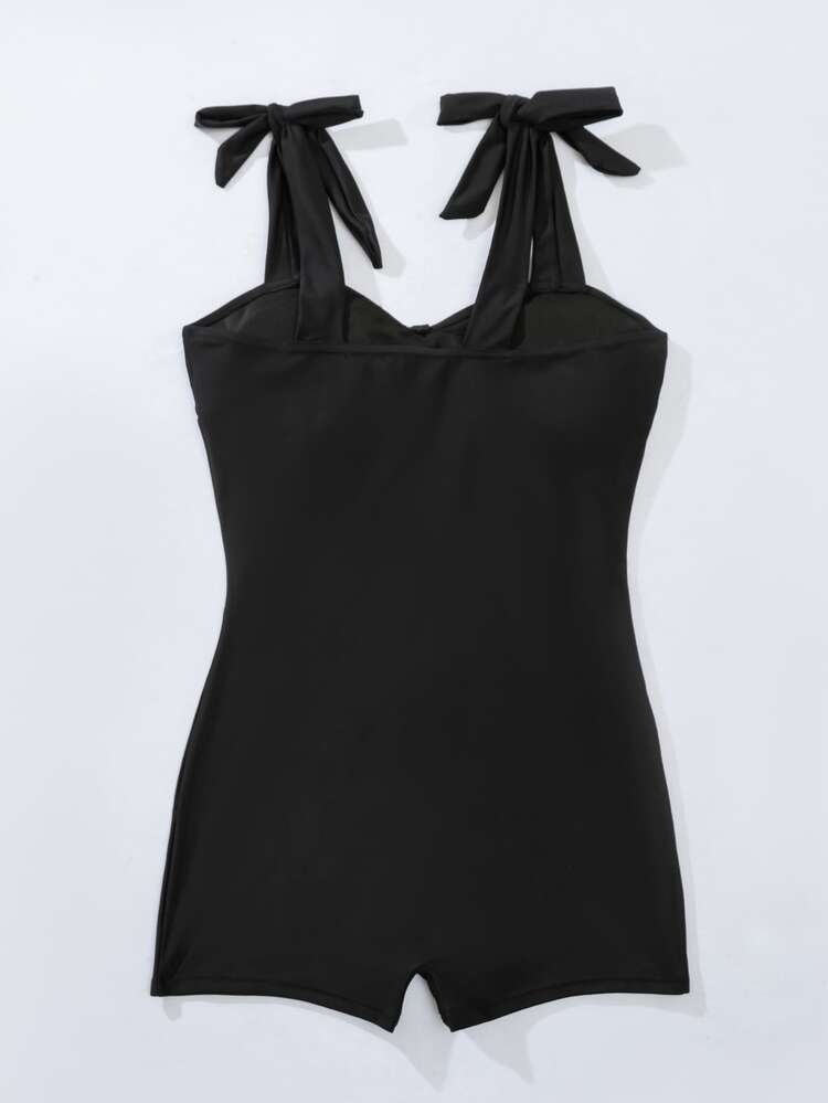 Maiô de uma peça com amarração nos ombros, para férias de verão na praia - Preto - Visão 3