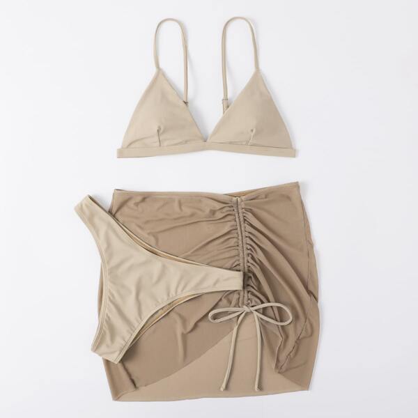 

3pack Triangle Bikini Swimsuit & Drawstring Cover Up, Khaki
