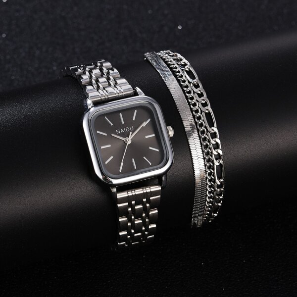 

1pc Square Pointer Quartz Watch & 3pcs Bracelet