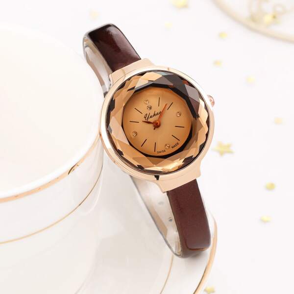 

Rhinestone Decor Round Pointer Quartz Watch