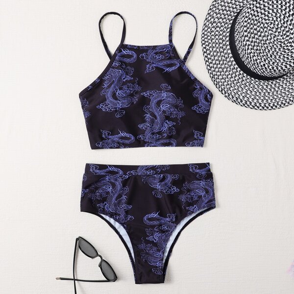 

Chinese Dragon Print Bikini Swimsuit, Multicolor