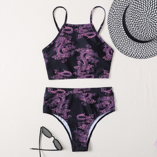 

Chinese Dragon Print Bikini Swimsuit, Multicolor