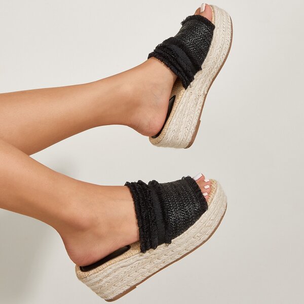 

Minimalist Fringe Decor Wedge Mules, Black