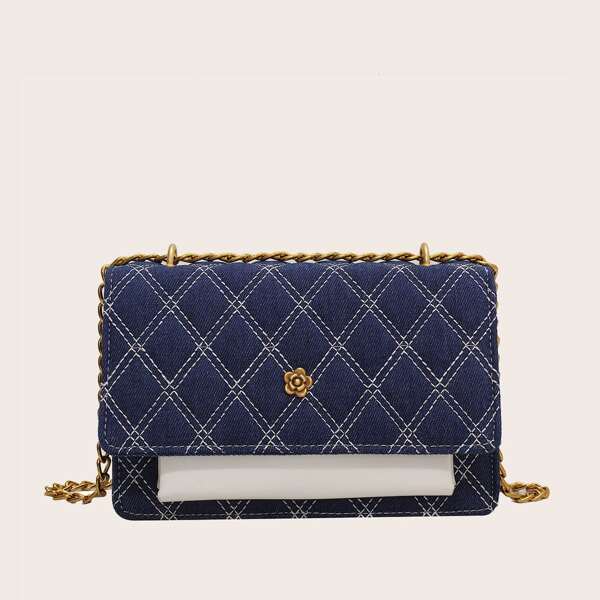 

Flower Decor Plaid Pattern Flap Square Chain Bag, Blue
