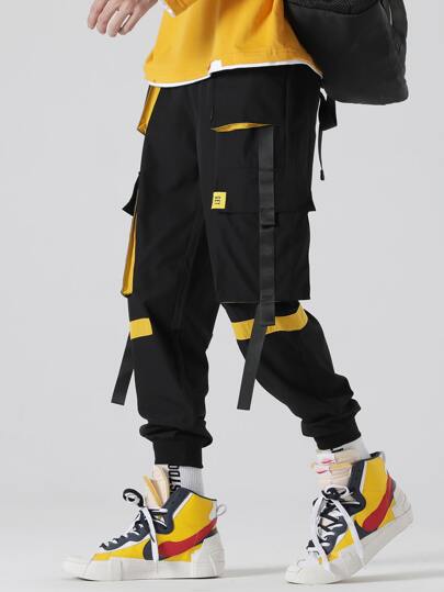 Men Ribbon Flap Pocket Cargo Pants