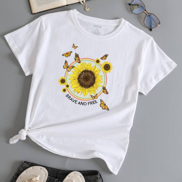 

Sunflower And Butterfly Slogan Graphic Tee, White