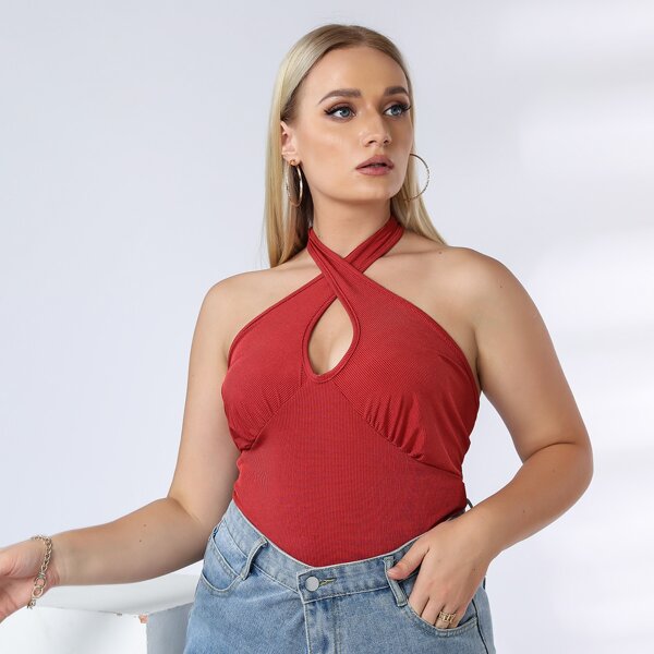 

Plus Crisscross Tie Back Halter Top, Burgundy
