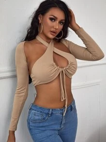 超短版上衣和後綁帶掛脖上衣 - 杏色 - 查看 5