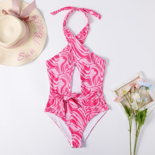 

Wave Pattern Criss Cross Halter One Piece Swimsuit, Pink